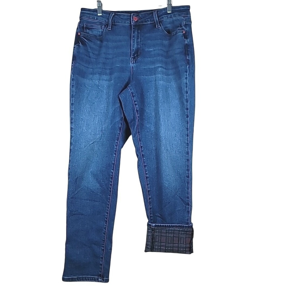 Judy Blue Jeans Jingle All The Way 16W Boyfriend Fit Plaid Cuff Red Tag Button